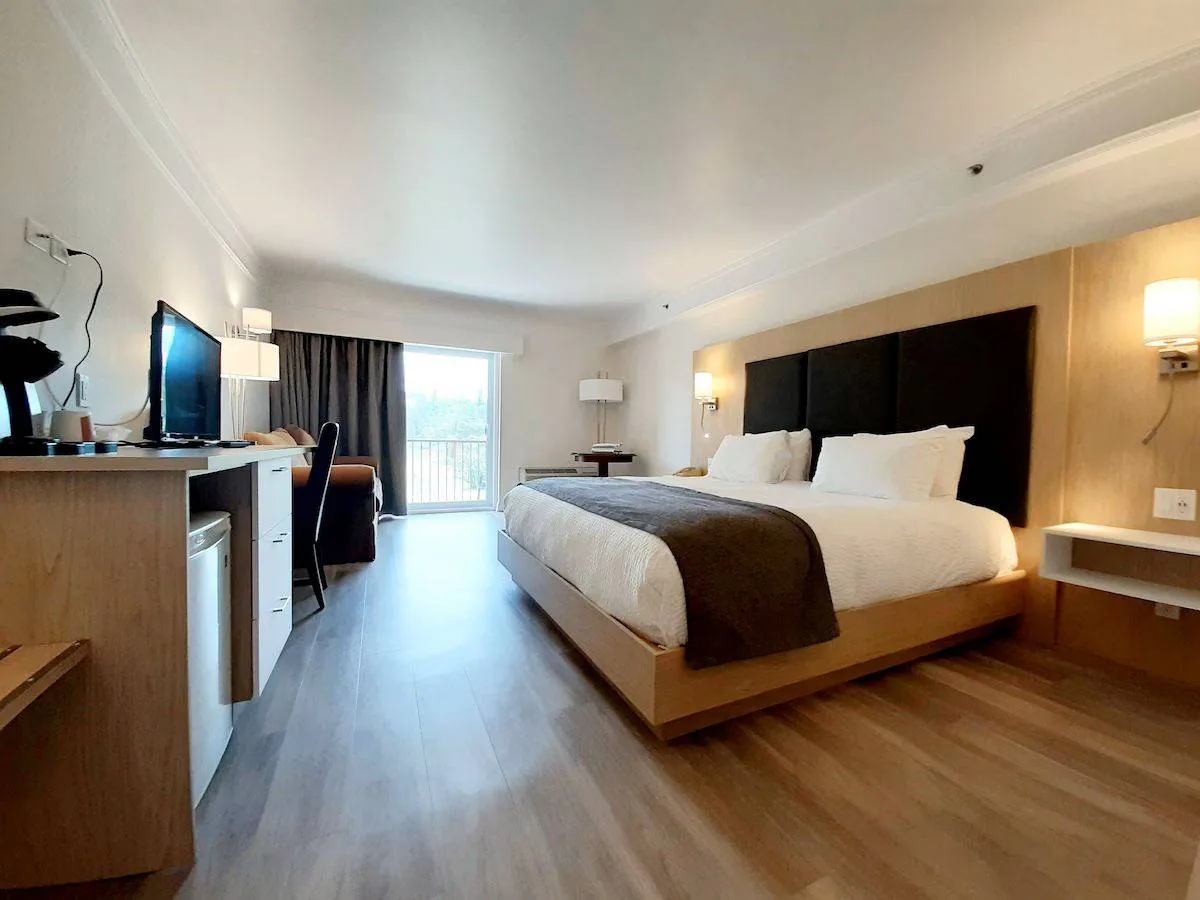 Modern hotel room with a large bed, dark headboard, and white bedding. A TV sits on a wooden desk. Natural light streams through a balcony door.