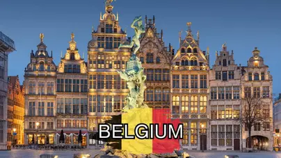 A picturesque canal in Belgium lined with historic brick buildings; a semi-transparent Belgian flag and the word "BELGIUM" are overlaid in bold text.