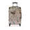 Thumbnail: A suitcase with a colorful, abstract pattern featuring various shades of pink, blue, and brown, equipped with black wheels.