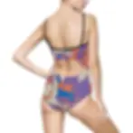 Purple and orange marble pattern one-piece swimsuit from Mexican Tile Style collection back view.