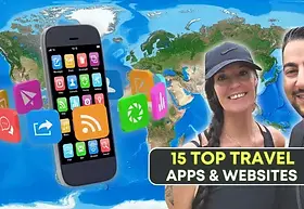 Thumbnail graphic featuring Jenn smiling in front of a world map with digital icons and the text '15 Top Travel Apps & Websites'.