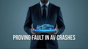 Man in suit holding tablet displaying holographic car. Text: Proving Fault in AV Crashes. Dark background conveys a tech-focused mood.