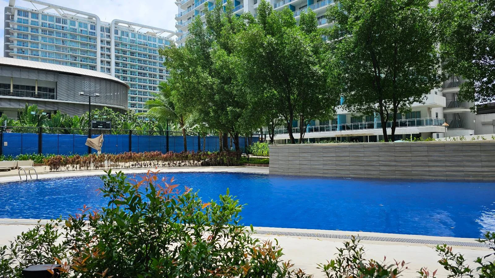 Clear blue outdoor swimming pool surrounded by green trees and bushes, with modern high-rise buildings in the background under a bright, sunny sky.