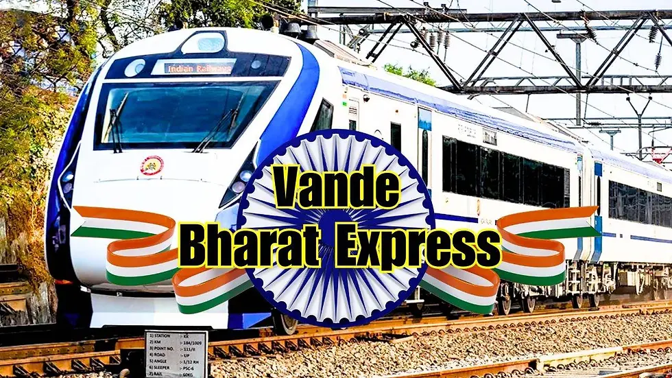 White Vande Bharat Express train on tracks with trees in the background. Text "Vande Bharat Express" overlaid with Indian flag colors.