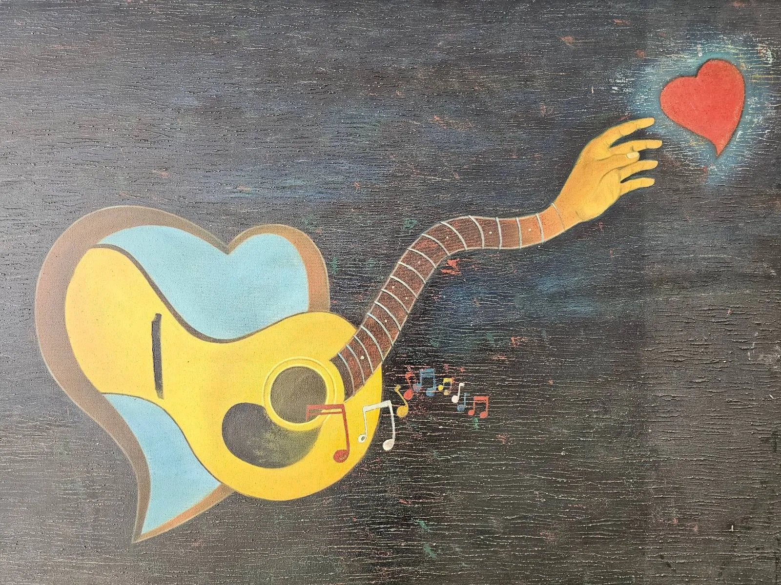 Abstract artwork of a guitar with a heart-shaped body and an arm-like neck reaching for a red heart, set against a dark background with floating musical notes.