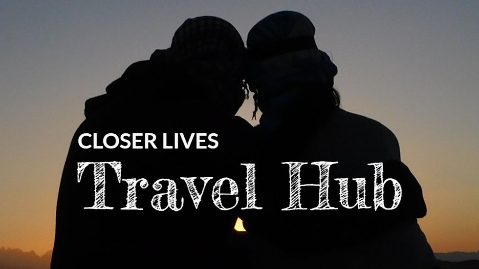 Silhouetted figures at sunset, with "CLOSER LIVES Travel Hub" text overlay. Warm tones and serene mood in the background.
