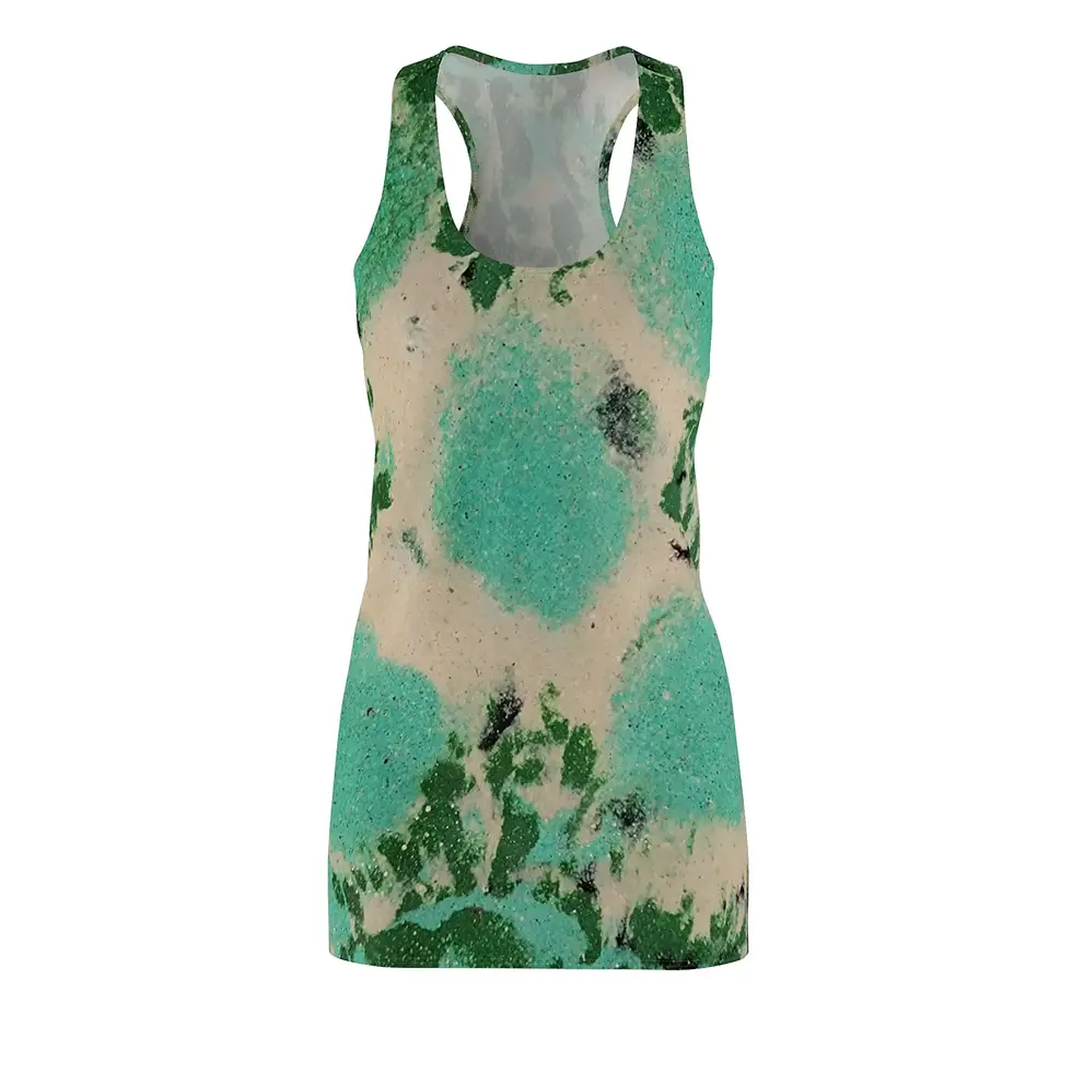 Sleeveless dress with cream, green and teal marble pattern; fashion design.