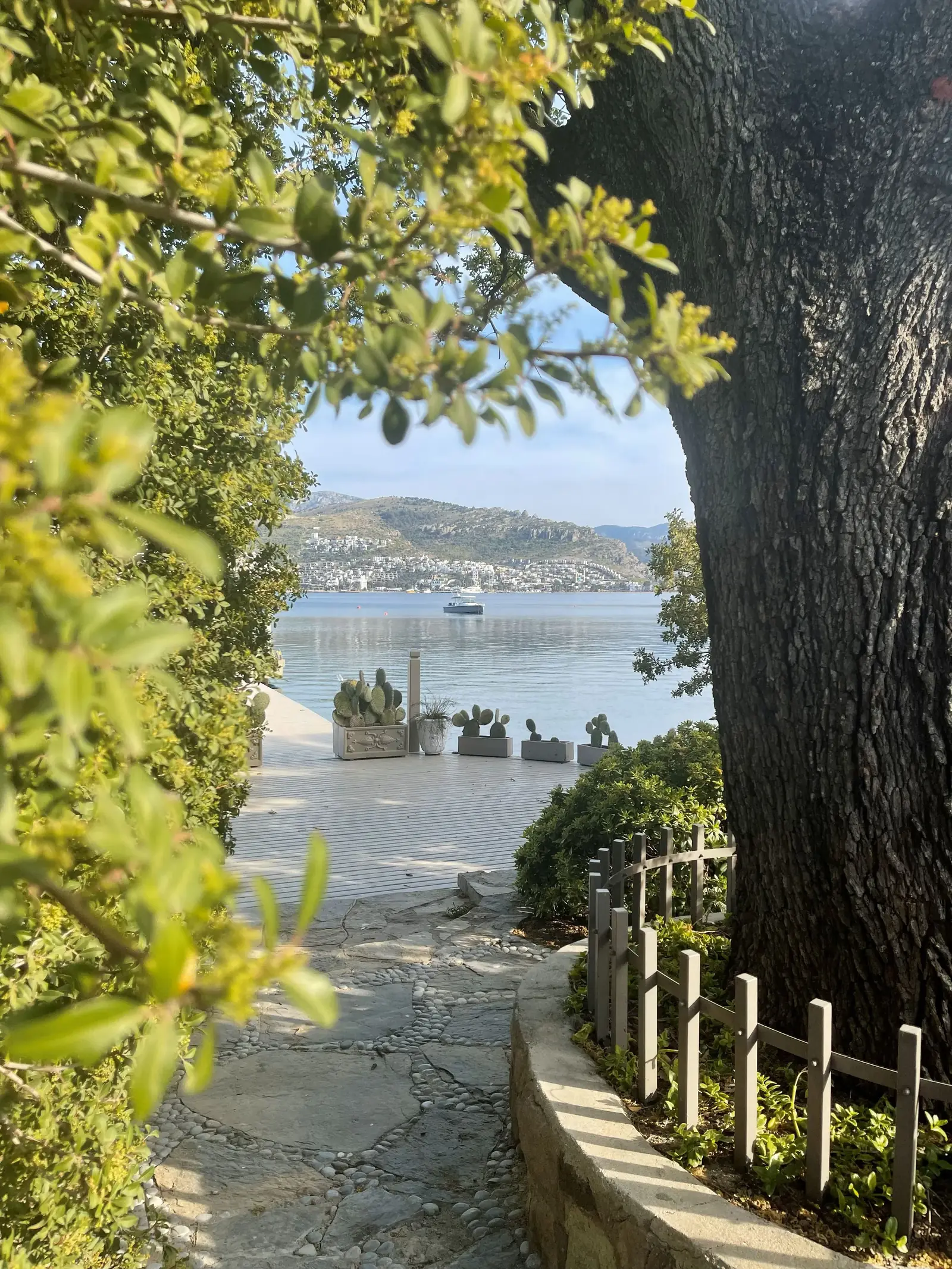 Stone path with trees leading to a scenic view of a calm bay with a boat and distant hills under a clear sky.