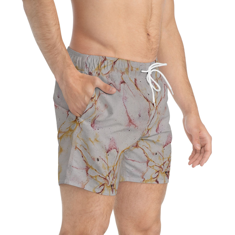 A person wearing fast-drying swim trunks with a gray and yellow marble pattern and a white drawstring.