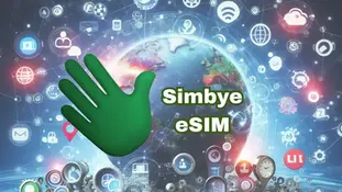 Green hand emoji with the text "Simbye eSIM" above a digital globe. Icons and symbols surround, creating a tech-themed background.