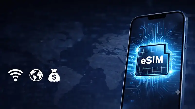 Modern smartphone displaying an active eSIM profile on the screen.