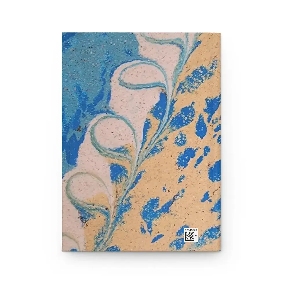 Thumbnail: Back cover of blue and beige peacock feather Mexican Tile Style journal.