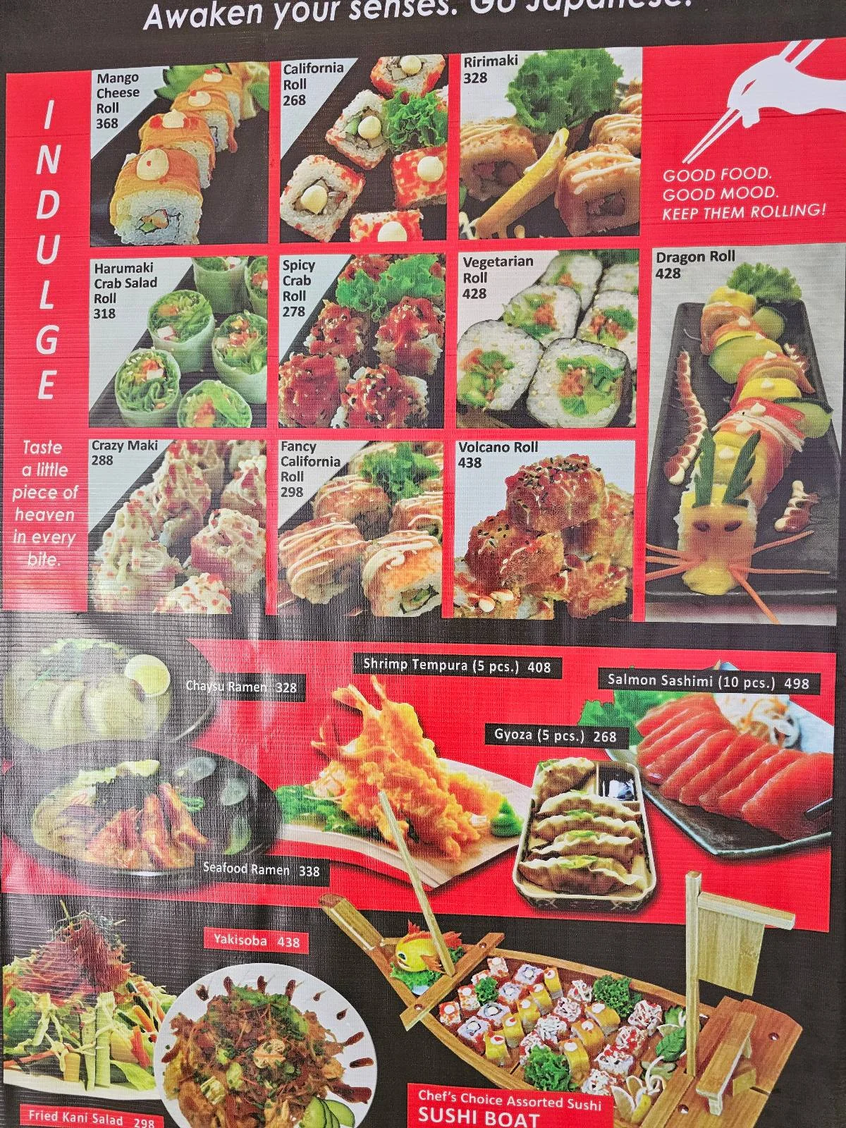 A colorful menu featuring various Japanese dishes, including sushi rolls, sashimi, tempura, and bento boxes. Each item has images with labels and prices. Red and black design elements highlight the sections.