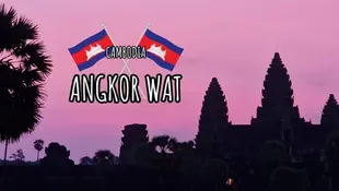 Silhouettes of Angkor Wat temples against a pink sunset sky, with the Cambodian flag and "Angkor Wat" text overlay.