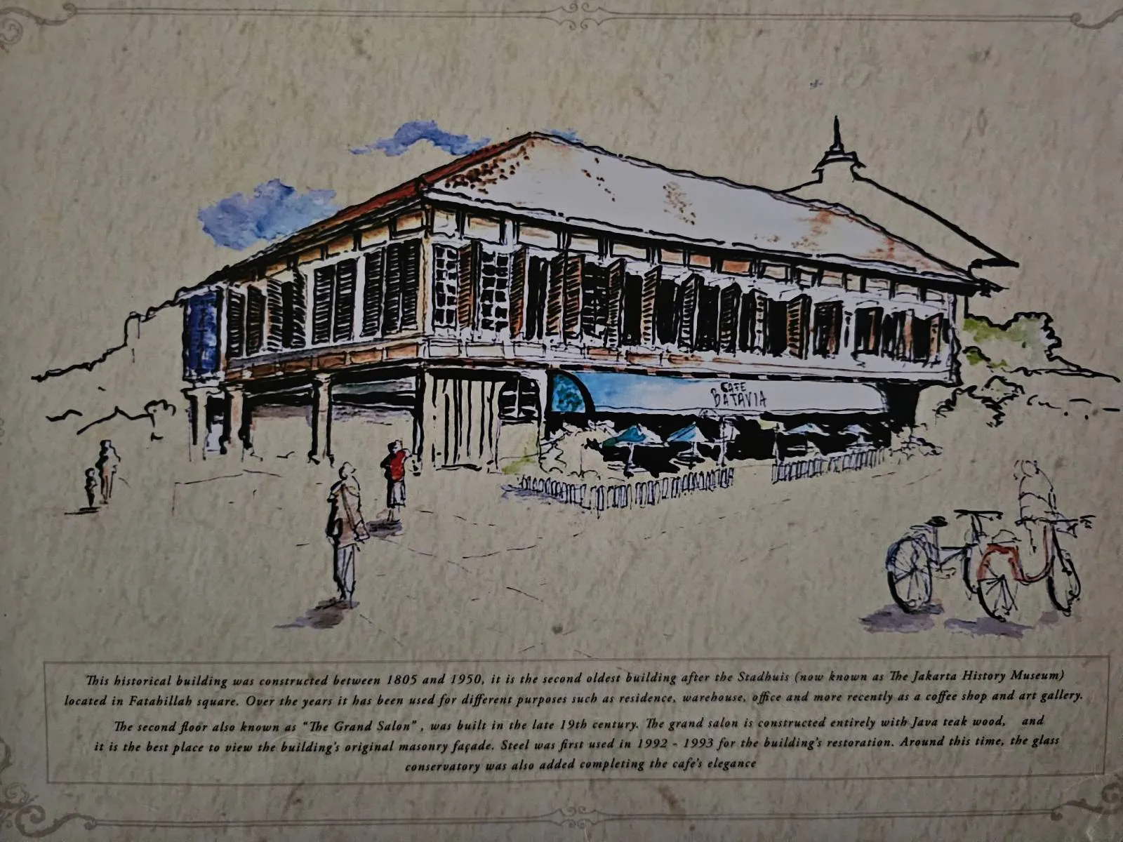 A sketch of a historic colonial-style building with an outdoor cafe, people walking nearby, and a bicycle in the foreground. There is a block of text beneath the illustration explaining the building’s history.