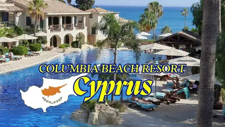 Resort with pool, palm trees, and beach view. People relaxing on loungers under umbrellas. Text: Columbia Beach Resort, Cyprus.