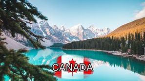 A clear turquoise lake with pine trees, snow-capped mountains, and a blue sky in the background. The word "CANADA" with a red maple leaf and flag appears in the center of the image.