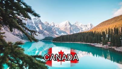 A turquoise lake surrounded by pine trees and snowy mountains under a blue sky, with the word "CANADA" over a maple leaf and flag graphic in the foreground.