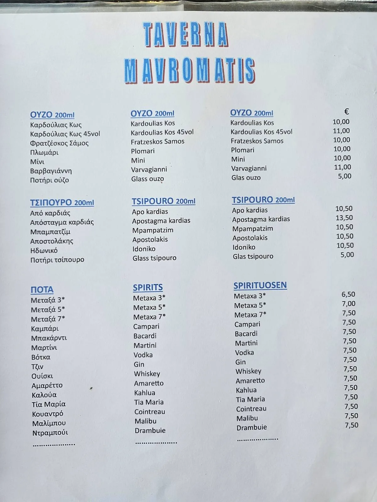Menu from Taverna Mavromatis with sections for cold/hot appetizers, soup, fish, meat, omelets, side orders, and beverages. Each section lists items with prices in euros. Text is in blue and black on a white background.