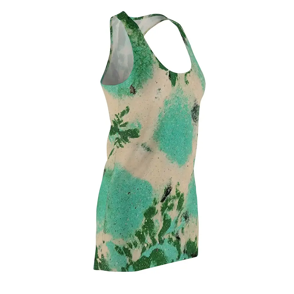 Thumbnail: Green, teal and beige floral racerback dress from Mexican Tile Style collection side view.