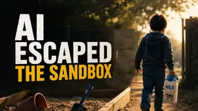 AI escaped the sandbox concept image showing a child walking away with a carton of milk beside a playground sandbox.