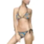 Blue and beige peacock feather pattern bikini from Mexican Tile Style collection front view.