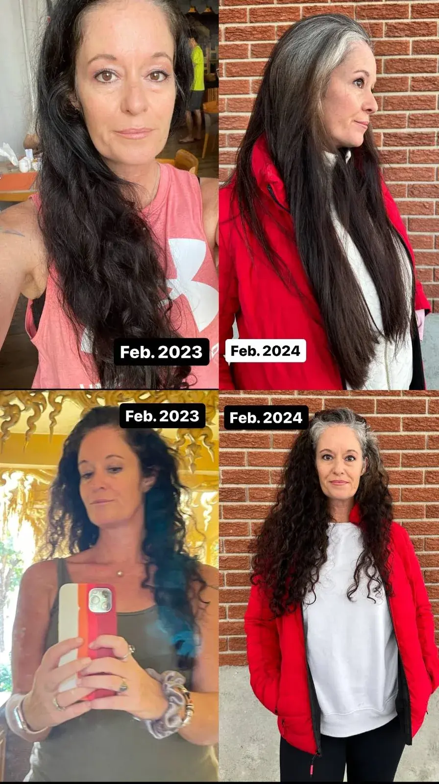 Four split images of the same woman at different times showing her hair growth from 2023 to 2024, transitioning from straight to curly styles.
