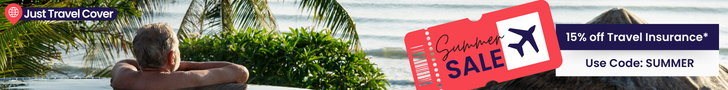 A promotional banner for the Just Travel Cover Summer Sale featuring a person relaxing in a pool overlooking a tropical landscape, offering 15% off UK travel insurance.