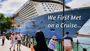 Cruise ship Ovation of the Seas docked as pedestrians stroll waterfront; text reads We First Met on a Cruise...