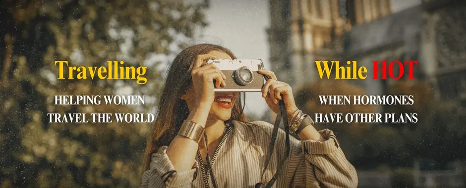 A smiling woman holding a vintage camera to her eye, featured on the cover banner for the Travelling While HOT group page for women navigating travel during menopause.