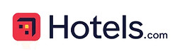 Hotels.com logo featuring a red square icon resembling a building with windows on the left, followed by the text "Hotels.com" in dark blue font on a white background.