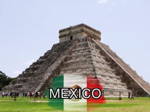 A large stone pyramid with a staircase on one side, surrounded by people, with the word "MEXICO" overlaid on an image of the Mexican flag - perfect for a travel blog featuring budget travel tips.