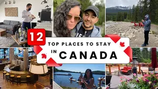 Collage of Canadian travel scenes, including a man making drinks, a couple outdoors, lakeside view, and text "12 Top Places to Stay in Canada."