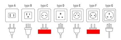 A technical line drawing illustration showing seven electrical plug and socket types labeled Type A through Type G. Red rectangles are positioned directly below the Type C and Type F entries to highlight them for the Indonesia guide.