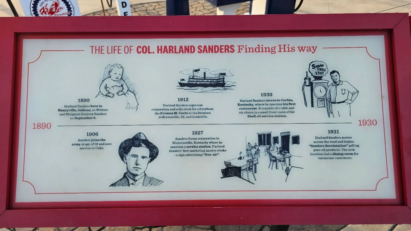 A framed sign titled "The Life of Col. Harland Sanders: Finding His Way" features drawings and key events from 1890 to 1930, including images of Sanders, a steamboat, a gas pump, and brief descriptions of his life milestones.