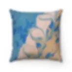 A decorative cushion featuring an abstract design with swirling patterns in shades of blue, beige, and pink.