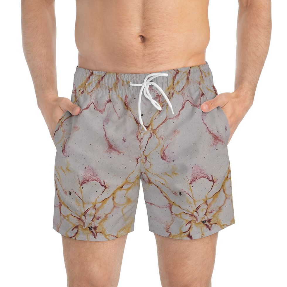 Man wearing Pink & Gold Marble Swim Trunks, featuring a luxurious design with a fast-drying fabric.