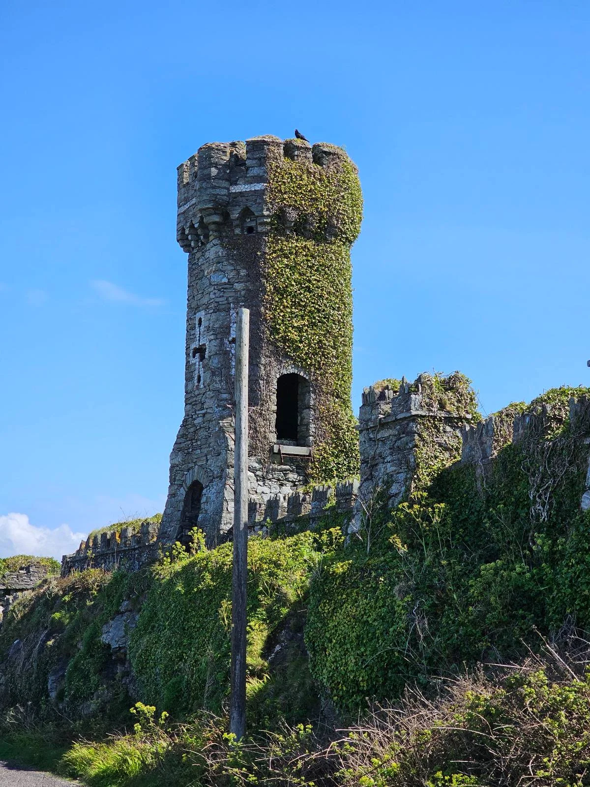 An ancient stone tower covered in ivy, set against a clear blue sky.