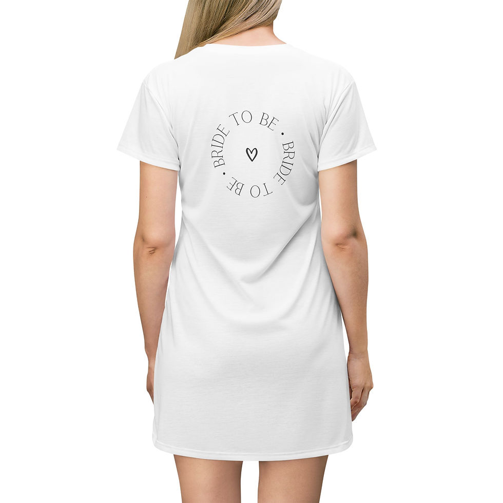 A woman wearing a white Bride to Be T-Shirt Dress adorned with a heart symbol on the back.