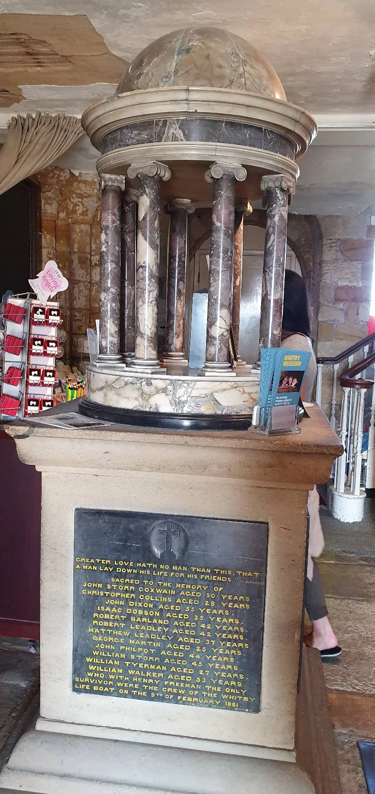 A small architectural model of the Jefferson Memorial sits on a pedestal with informational text. The model features a dome supported by columns. The background includes shelves with red items and a person partially visible.