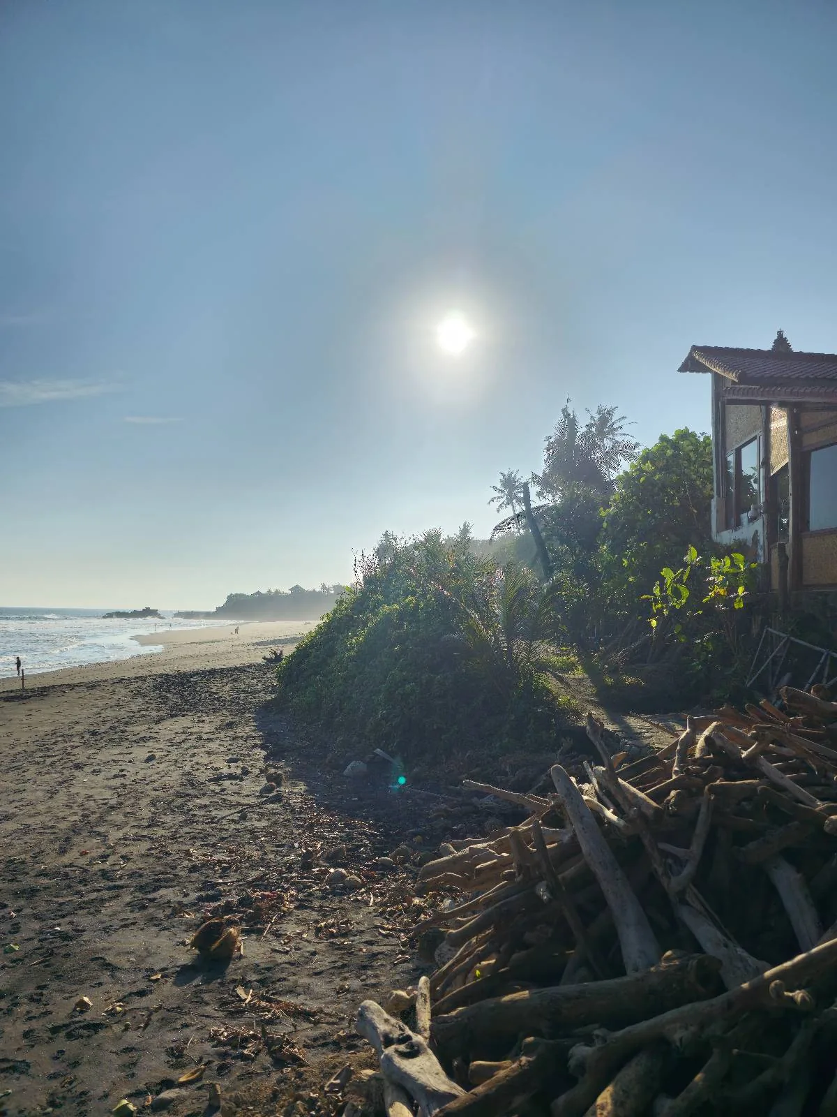 A sunny beach scene with a bright sun in the clear sky. Driftwood and foliage line the sandy shore. A wooden structure is visible on the right, while a person walks near the water's edge. Trees and distant hills are in the background.