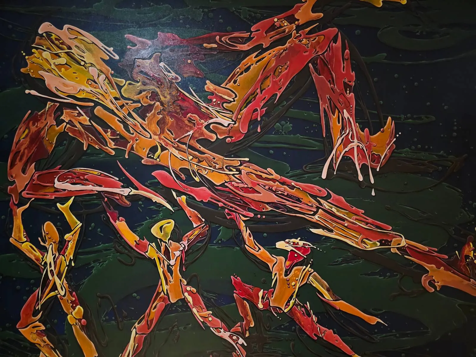 Abstract painting with vivid red, orange, and yellow figures. Three human-like shapes reach upward toward a large, dragon-like creature above them, all set against a dark background. The scene conveys dynamic movement and energy.