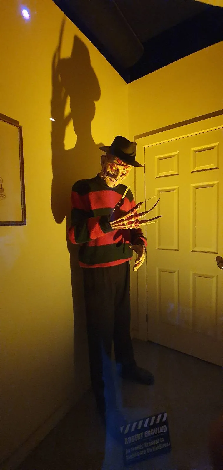 A person dressed as Freddy Krueger from "A Nightmare on Elm Street," wearing a striped sweater, hat, and glove with blades, stands in a dimly lit room, casting a large shadow on the wall behind them.