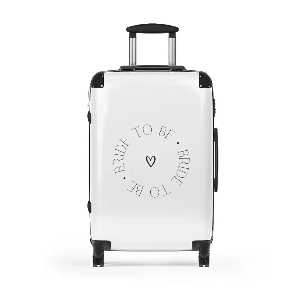 Thumbnail: A white hard-shell suitcase with black accents and a retractable handle features a circular design with text "BRIDE TO BE"