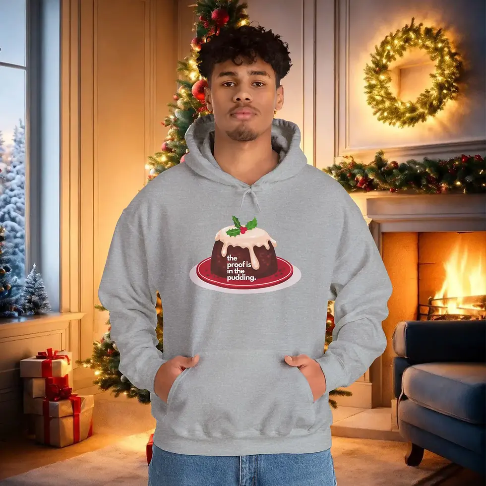 The Proof is in the Pudding festive hoodie in sport grey from Closer Lives holiday collection lifestyle view.