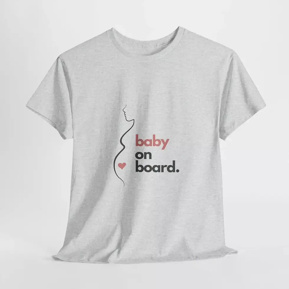 Thumbnail: A white T-shirt displays the phrase "baby on board" with a stylized silhouette of a pregnant belly.