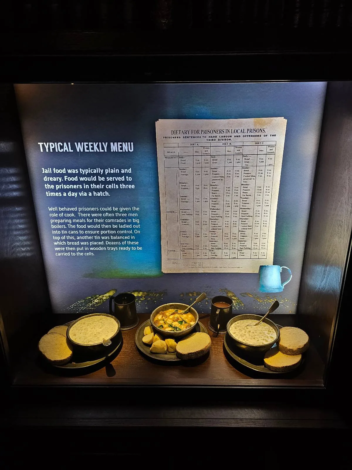 Display case showing a historical typing speed test document with a typewriter, paper, stopwatch, and coffee cup.
