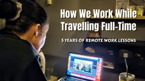Couple working remotely on laptops while traveling full-time, reviewing digital nomad productivity tips and connection strategies.