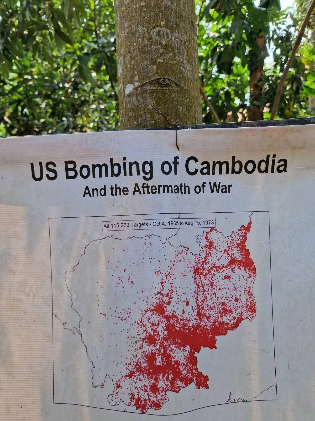 A sign titled "US Bombing of Cambodia and the Aftermath of War" displaying a map. The map shows red markings indicating heavily bombed areas. The background includes green foliage and a tree trunk.