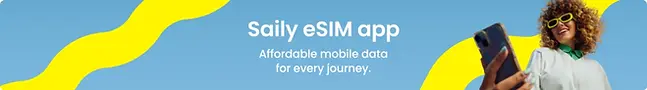 Saily eSIM app banner promoting affordable mobile data for every journey, featuring a person using a smartphone.